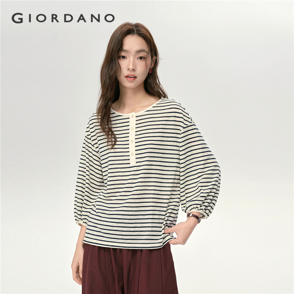 GIORDANO WOMEN Contrasting stripe 3/4 sleeve loose tee 18325814