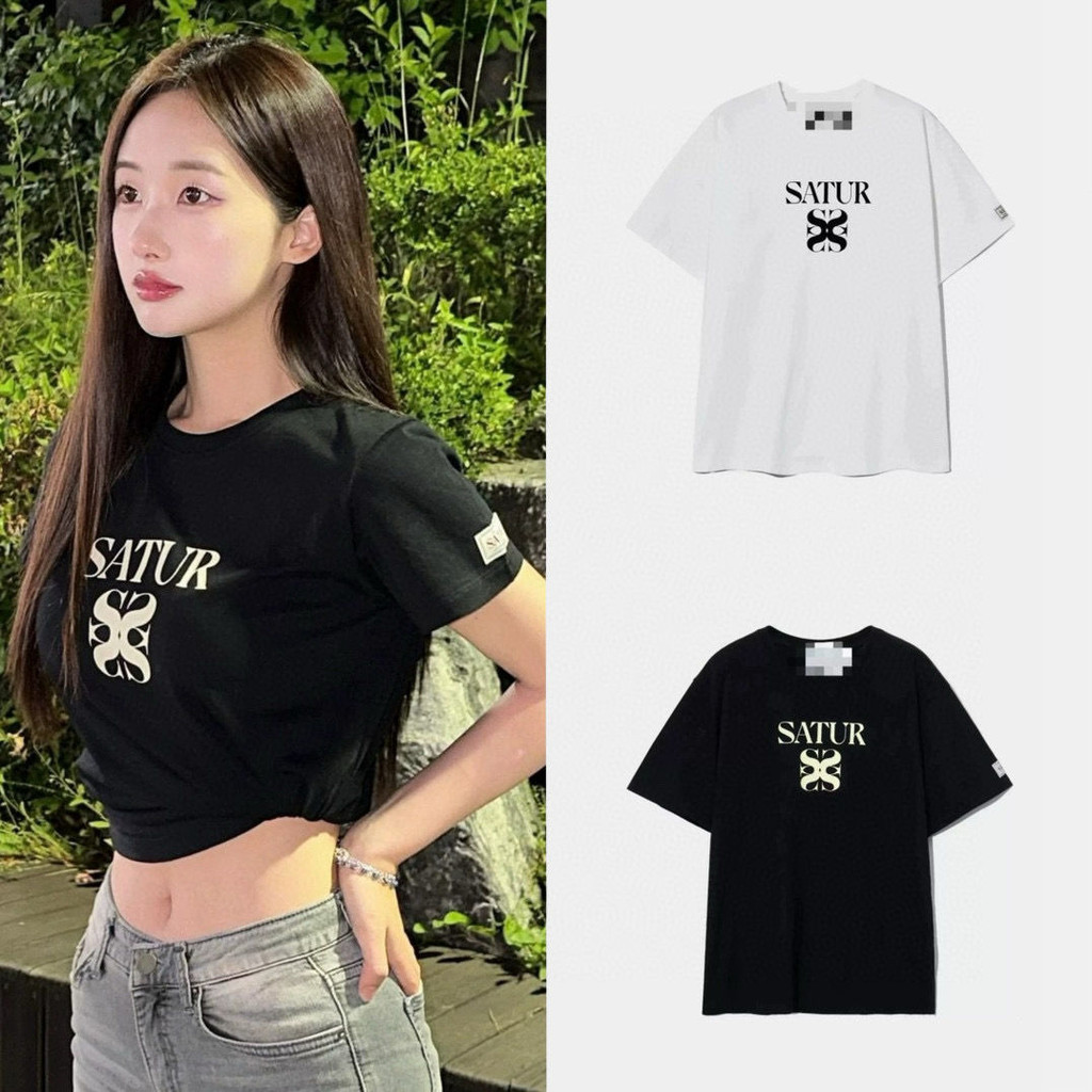 ✨✨พร้อมส่ง🎁🎁เกาหลี Satur พิมพ์คอกลมหลวมแขนสั้นเสื้อยืดผู้ชายและผู้หญิงด้านบนเดียวกัน