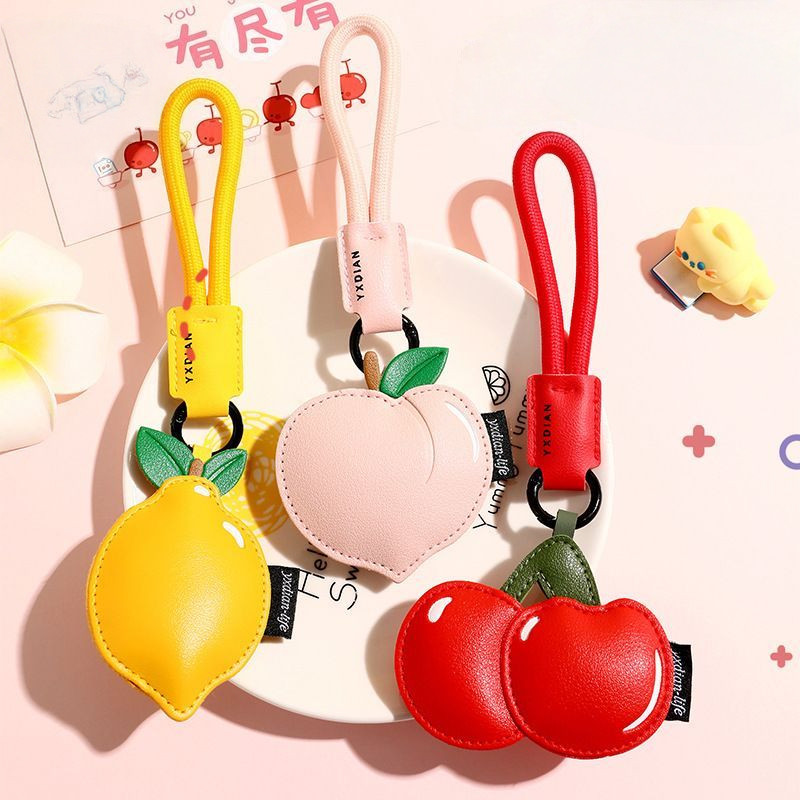 น่ารักสีชมพูพีชพวงกุญแจแฟชั่น Pu หนัง Cherry Lemon Key แหวนสําหรับกระเป๋าถือกุญแจรถจี้ของที่ระลึก
