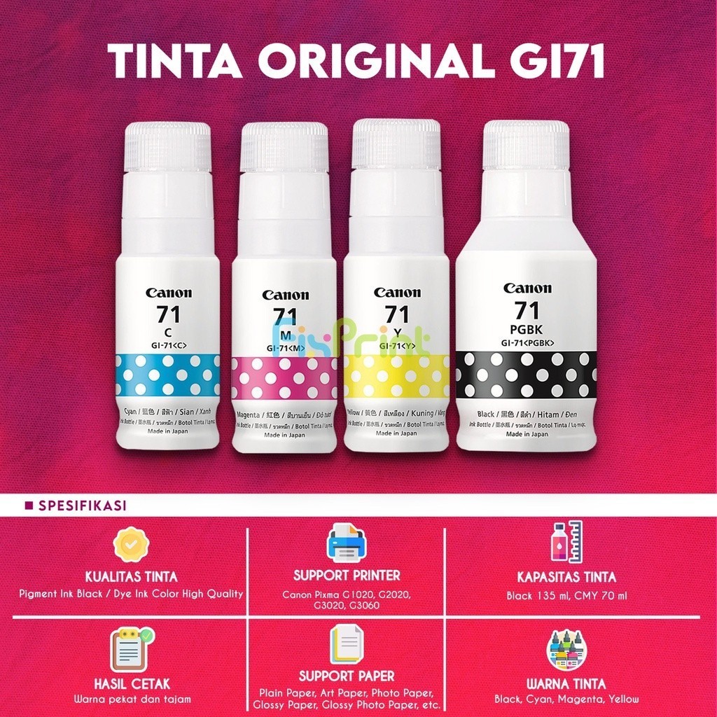 หมึกแท้ Pixma GI71 Canon GI-71 เครื่องพิมพ์เติม G1020 G2020 G3020 G3060 Canon Original Canon Ink G10