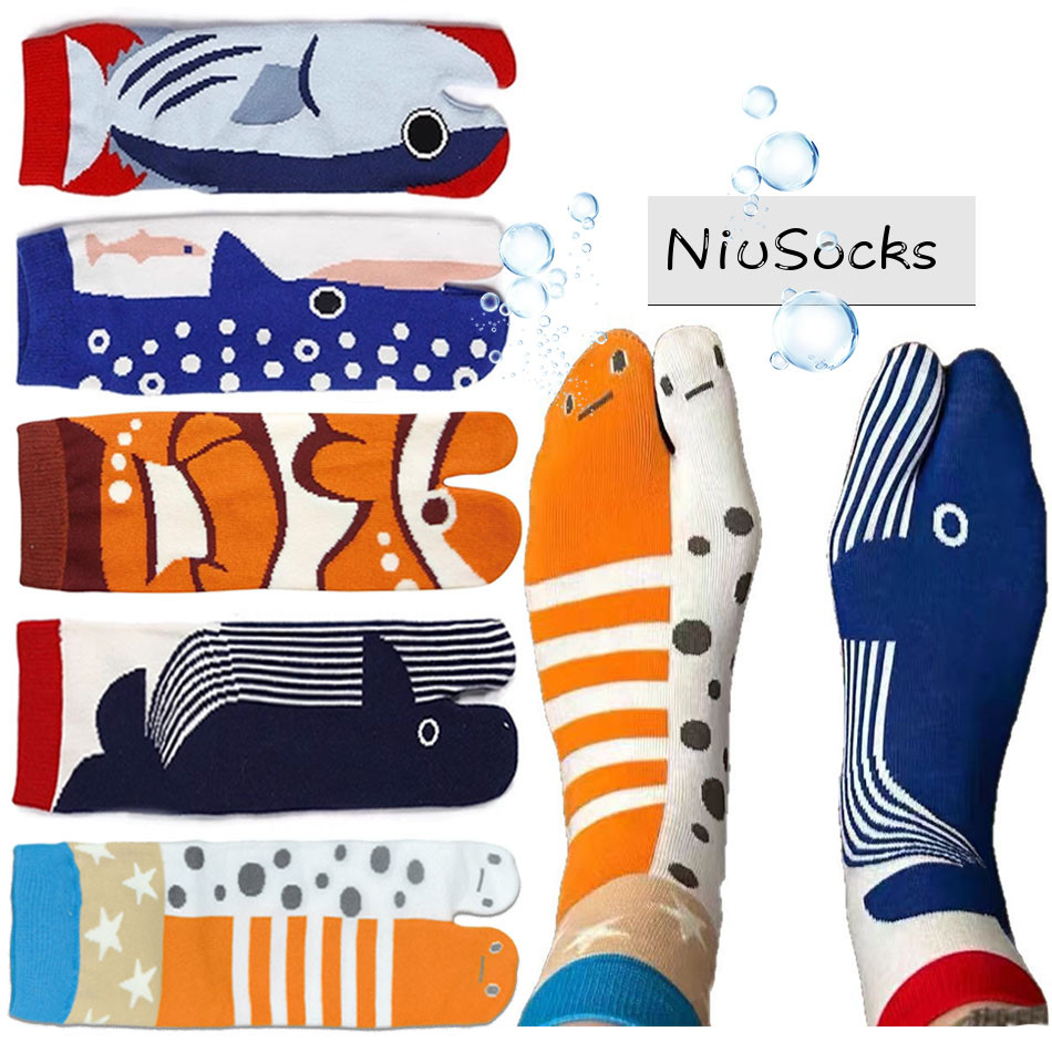 ถุงเท้าสไตล์การ์ตูนญี่ปุ่นสำหรับผู้หญิง แบบระบายอากาศดี มีลายปลาและทาบิ