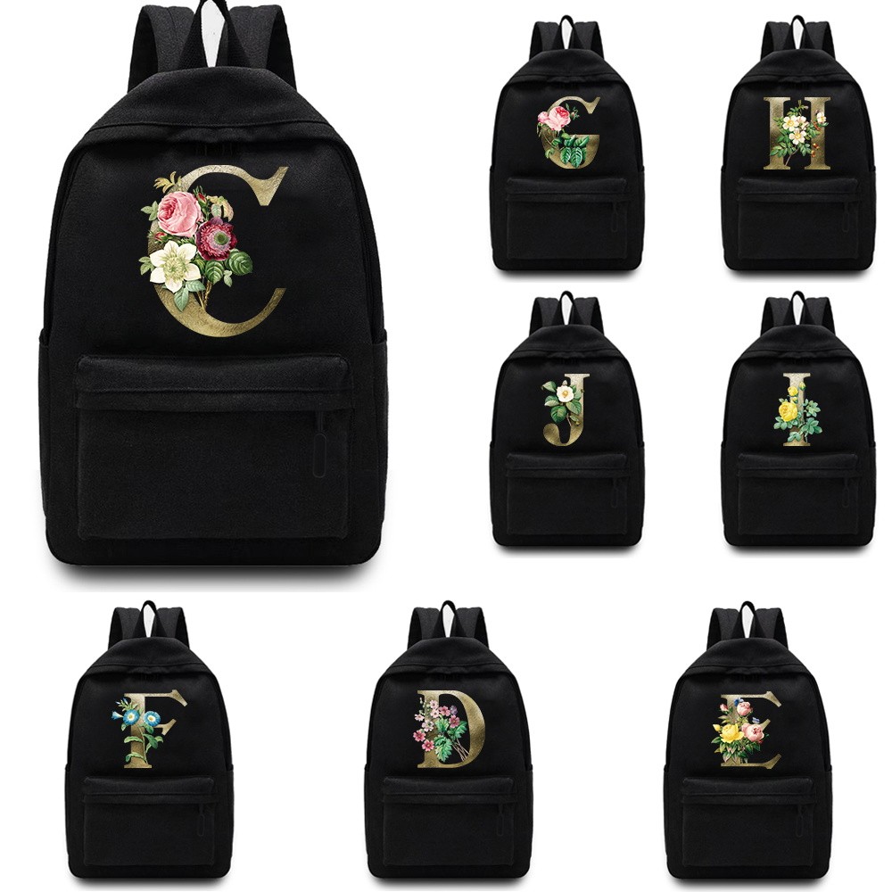 กระเป๋าเป้สะพายหลัง Golden Flower Letter Teenage Girls Laptop Student Shoulder School Bag Korean Sty