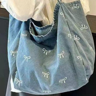 High School Denim Canvas Bag Ladies New Style 2026 Bow Sweet Large Capacity Tote Bag