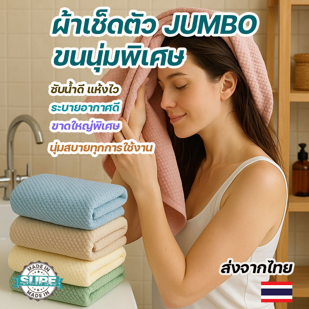 ผ้าเช็ดตัว ผืนใหญ่JUMBO เกรดดี ไม่บาง ขนนุ่ม ทอลายรังผึ้ง ซับน้ำได้ดี ระบายอากาศได้ดี แห้งเร็ว ผ้าเช็ดตัวขนเป็ด ผ้าขนหนู