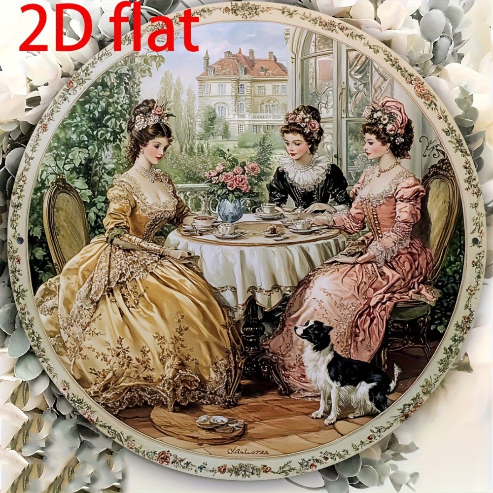 2D Vintage Victorian Tea Time Aluminium Wall Sign Round Elegant Lady Dog Art for Home Cafe Decor