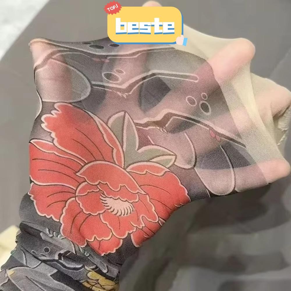 BESTE Peony Pantyhose สำหรับผู้หญิง ถุงเท้าลายพิมพ์แบบโปร่งแสงและดีไซน์ตาข่ายเหมือนสักปลอม
