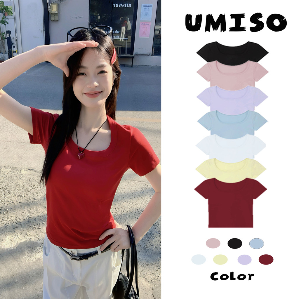 ร้อมส่ง เสื้อยืดแขนสั้นผ้ามน้ำ แข็งผู้หญิงเสื้อยืดสีทึบสไตล์เกาหลีทรงเข้ารูปและใ