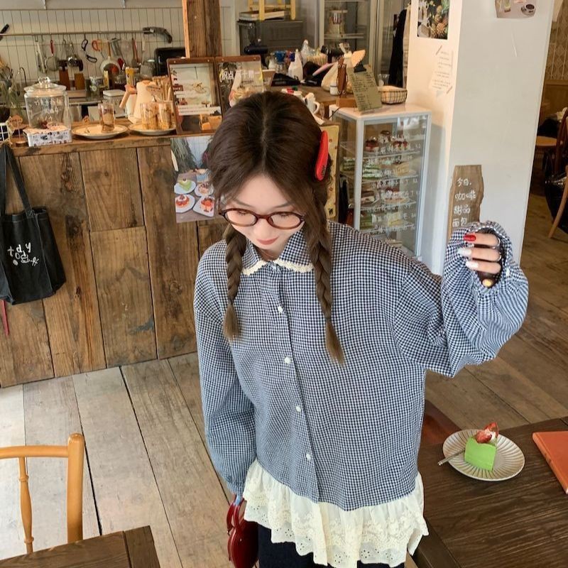 LINNA~Xเวอร์ชั่นเกาหลี ตาหมากรุก ขอบลูกไม้ แขนยาว เสื้อเชิ้ต สไตล์ใหม่ แฟชั่น สไตล์หวาน - รูปที่ 5