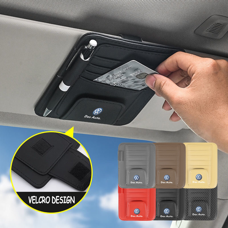 Volkswagen รถ PU หนัง Sun Visor Organizer การ์ดผู้ถือปากกาแว่นตาคลิปภายในรถกระเป๋าอุปกรณ์เสริมสําหรั