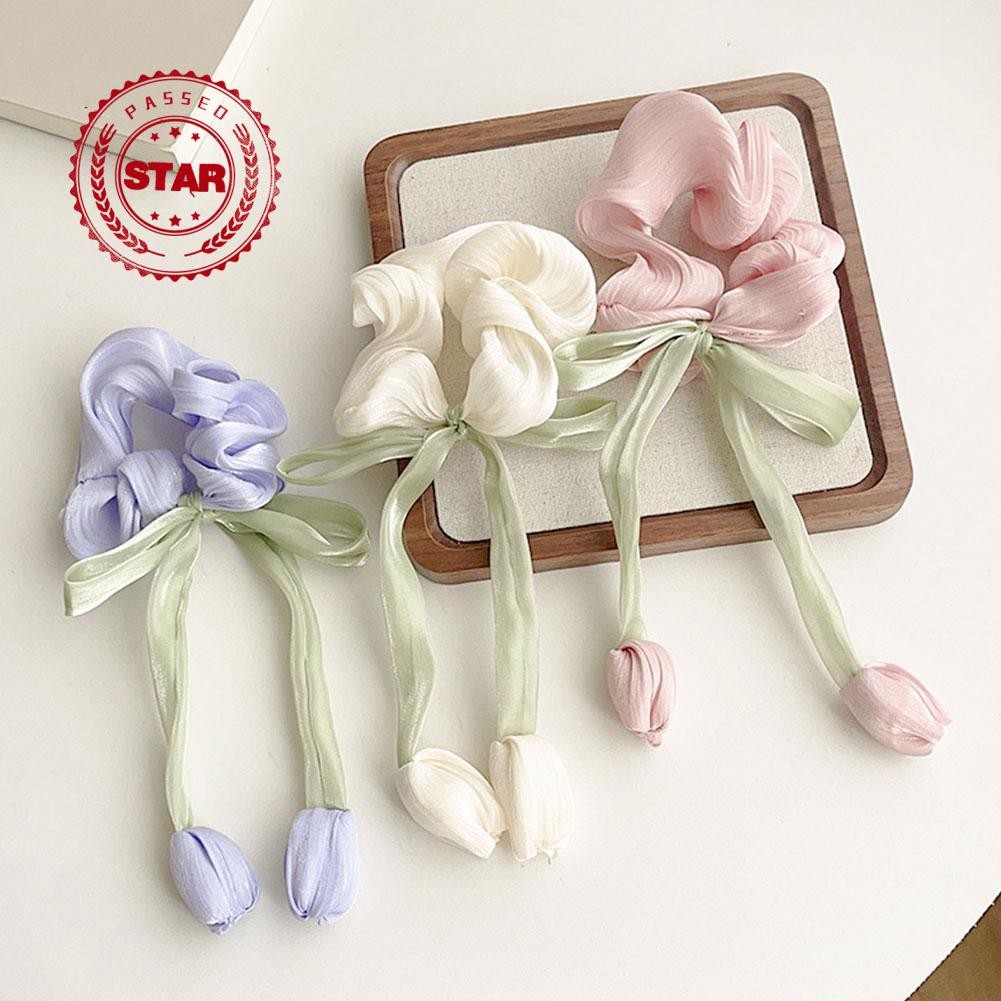 French Tulip Flower Ribbon Hairband Scrunchies Ponytail Holder Ties Hair I7r2