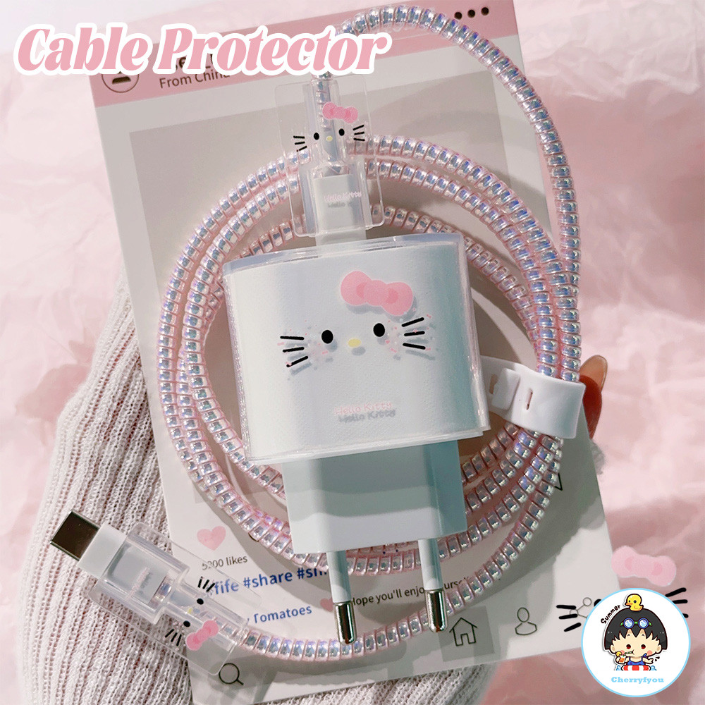 น่ารักการ์ตูนสีชมพู Hello Kitty โปร่งใสซิลิโคน Charger เคสป้องกันสําหรับ IPhone 16 15 18W-20W Fast Charge ป้องกัน Charger ฝาครอบแขน