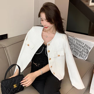 เสื้อทวิต คาร์ดิแกน กระดุม เบลเซอร์ เสื้อคลุม สไตล์หรูหรา สีดํา สไตล์เกาหลี มีกระเป๋า ผู้หญิง แจ็คเก็ต มีกระเป๋า
