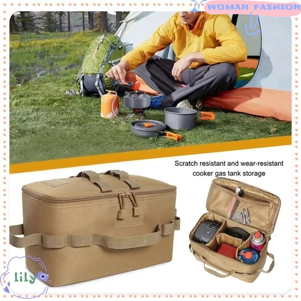 LILY เตาแก๊สกระป๋อง วัสดุทนทาน กันน้ํา Camping Storage Bag, อเนกประสงค์ Multi-Pocket ความจุขนาดใหญ่แบบพกพาเครื่องครัว Organizer Picnic Outings