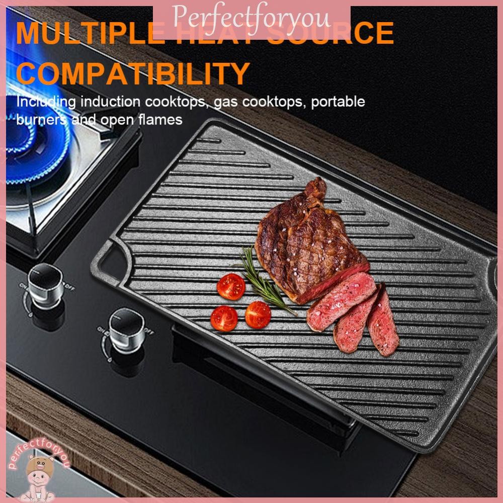 ❥PerfectFU 16.5X9.5 นิ้วเหล็กหล่อ Griddle Reversible Griddle Pan สี่เหลี่ยมผืนผ้า Skillet สําหรับแก๊
