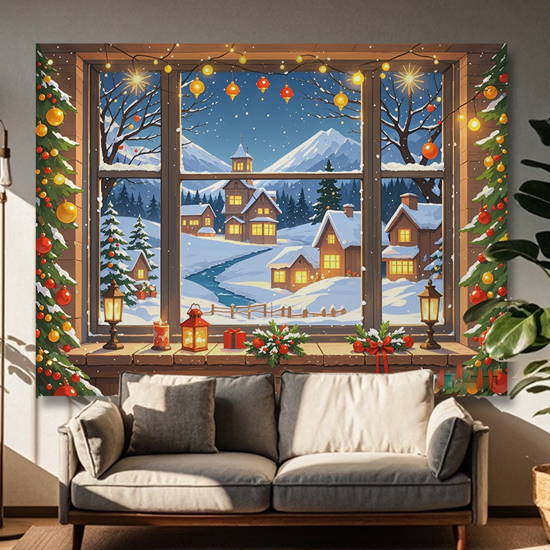 คริสต์มาสทิวทัศน์หิมะหน้าต่างพื้นหลังผ้าบรรยากาศวันหยุดแต่งตัวพรมห้องห้องนั่งเล่นผนังปกน่าเกลียดผ้าสดผ้าใบ - รูปที่ 3