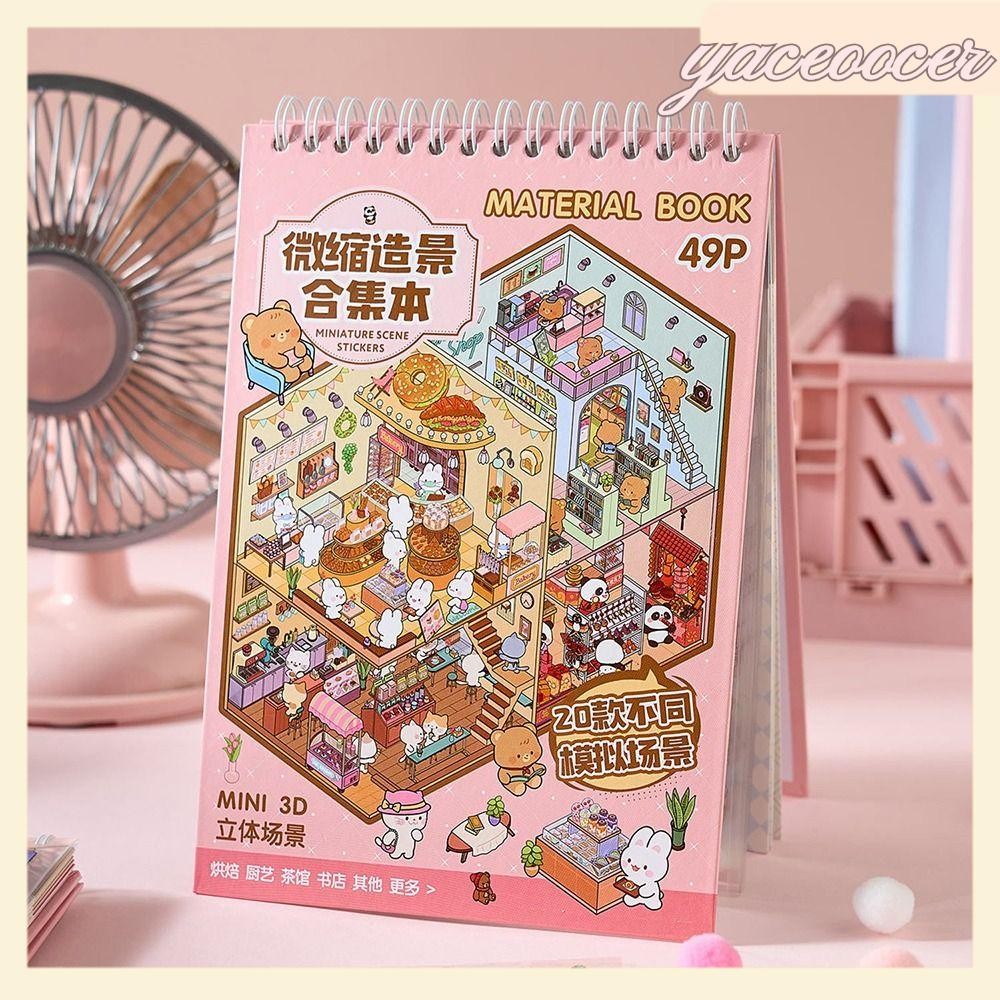 YACEOOCER สติ๊กเกอร์แนวนอน, PET Coil Binding Miniature Landscape Sticker Collection, ภาพน่ารักซ้อน Decompression DIY Cabin ฉากสติกเกอร์ของเล่น