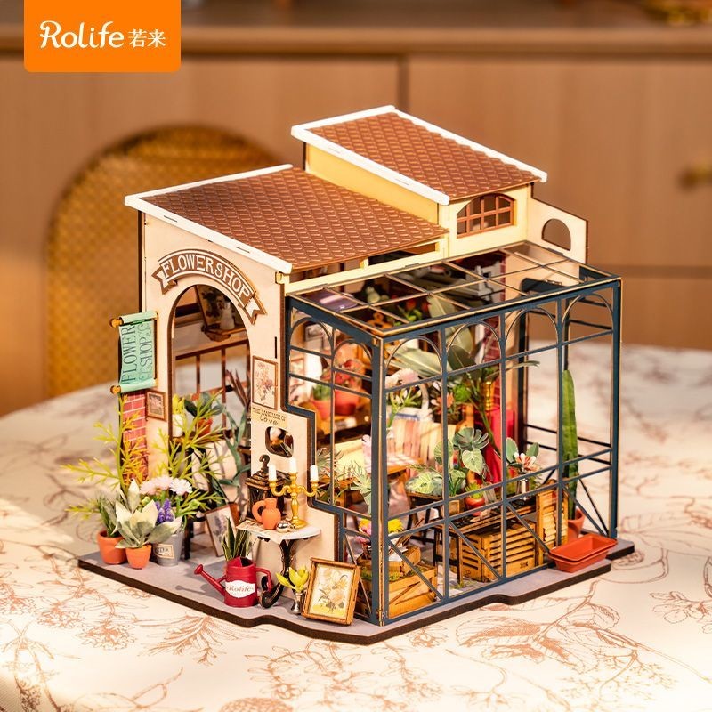 หาก State Ruolai 3D สามมิติ Emily Flower Shop ประกอบไม้ DIY Hut Handmade ของเล่นของขวัญวันเกิด