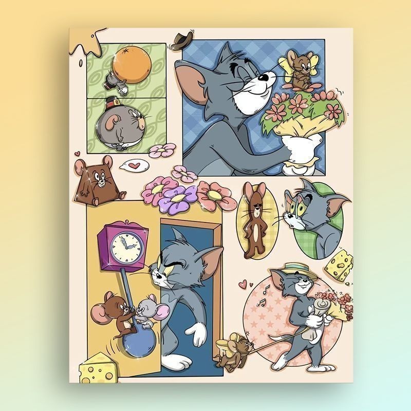 Ln1ที่กําหนดเองแมวและเมาส์ภาพสีน้ํามันดิจิตอลทําเองการ์ตูนอะนิเมะมือวาดระบายสีภาพวาดสีน้ํามันมือวาดอ