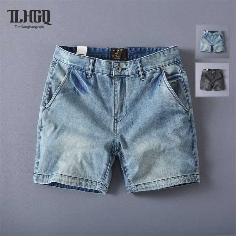 TLHGQ กางเกงขาสั้นผู้ชายสไตล์วินเทจ ผสมผ้าเดนิมและฝ้าย มีกระเป๋าหลายช่อง