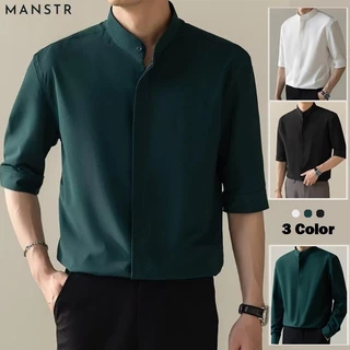 MANSTR เสื้อเชิ้ตแขนห้าส่วนลําลอง ผ้าเรยอน คอปก เข้ารูป สีขาว สีดํา สีเขียว แบบเรียบง่าย สไตล์เกาหลี เหมาะกับฤดูร้อน สําหรับผู้ชาย