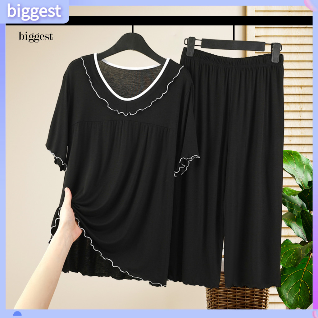 ชุดนอนแฟชั่น BGT สำหรับผู้หญิง แบบสองชิ้น ฤดูร้อน สไตล์เสื้อคอลูกเรือกับกางเกงขากว้าง