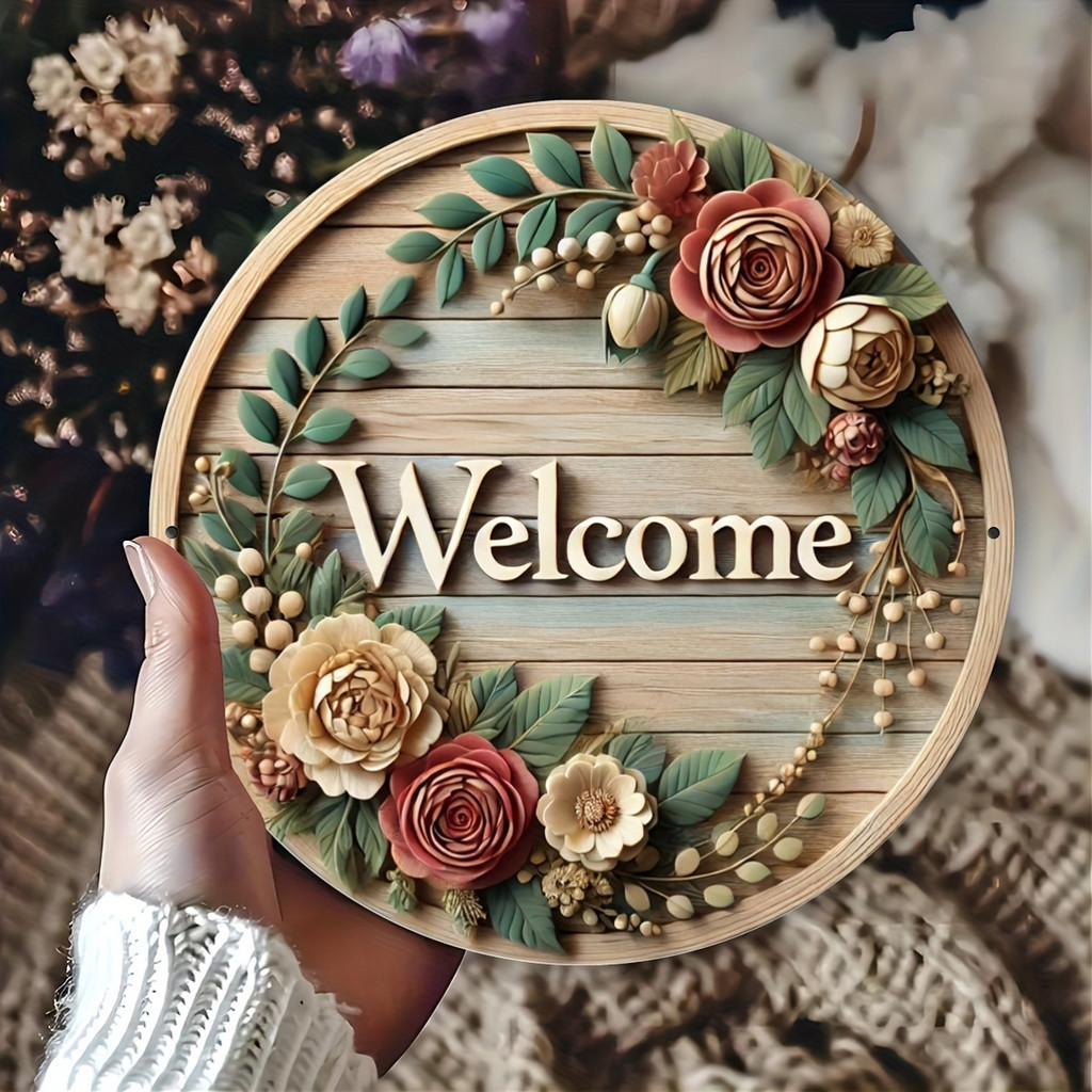 HELLOYOUNG Metal Welcome Sign Wall Art Decor Vintage Round 8 Inch Waterproof Rustproof