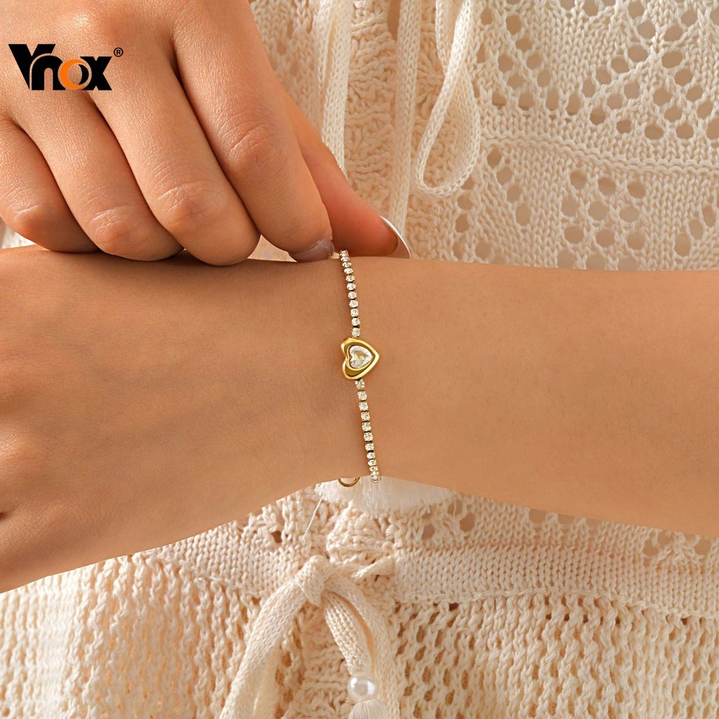 Vnox Heart Zircon Cubic อุปกรณ์เสริมที่ละเอียดอ่อน Link Chain สร้อยข้อมือ,Hypoallergenic Shiny Princess เครื่องประดับของ