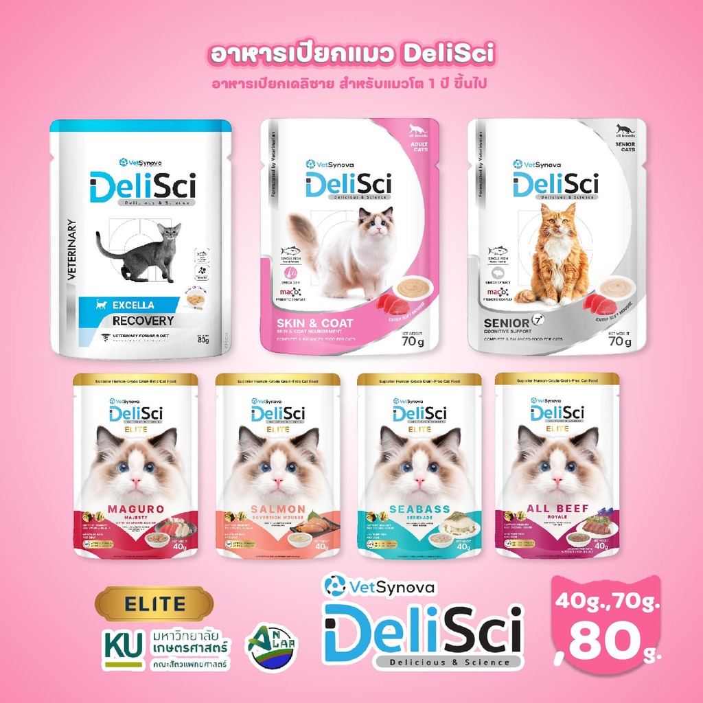 [ปลีก 1 ซอง] DeliSci Pouch/ Elite/ Excella Recovery อาหารเปียก เดลิซาย เนื้อมูส สูตรบำรุงสุขภาพ สำหรับแมว 40-70 กรัม(g.)