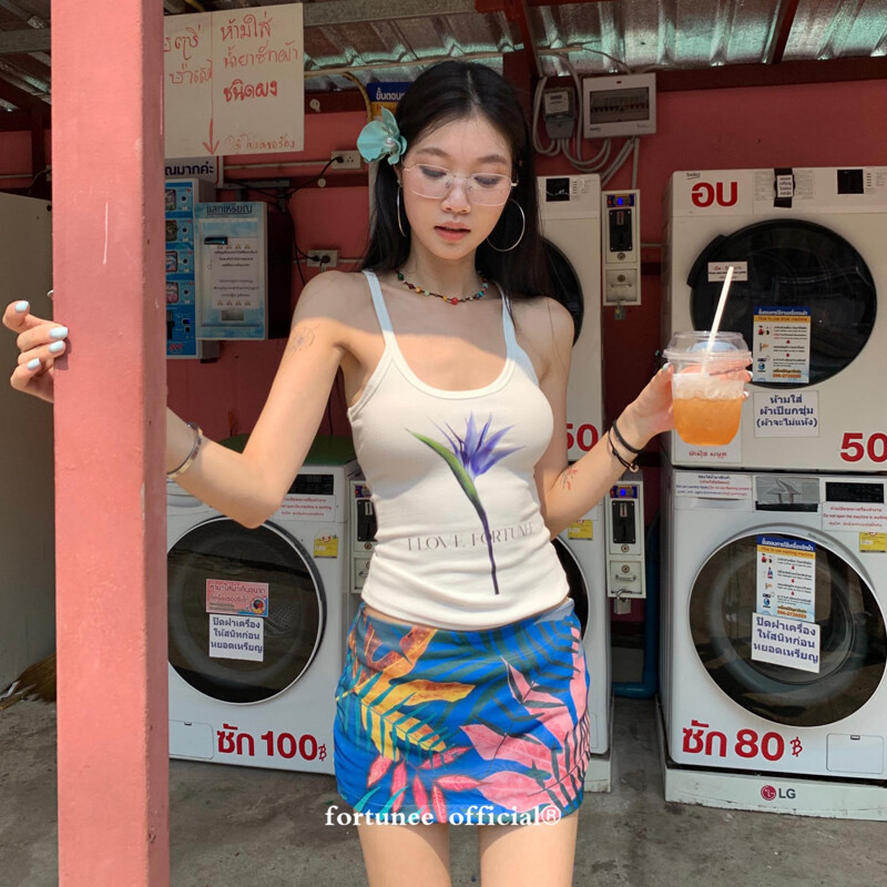Fortunee กระโปรงสั้นทรงเอสำหรับผู้หญิงไตล์สาวแซ่บ ดีไซน์พิมพ์ลาย กระโปรงเข้ารูป ไปเที่ยวทะเล