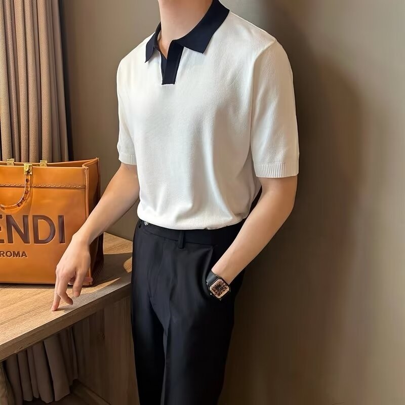 Wuye Half-Open ปกเย็บ Contrast ns POLO เสื้อ Slim-fit หล่อบางสไตล์ถักเสื้อ Paul Tren
