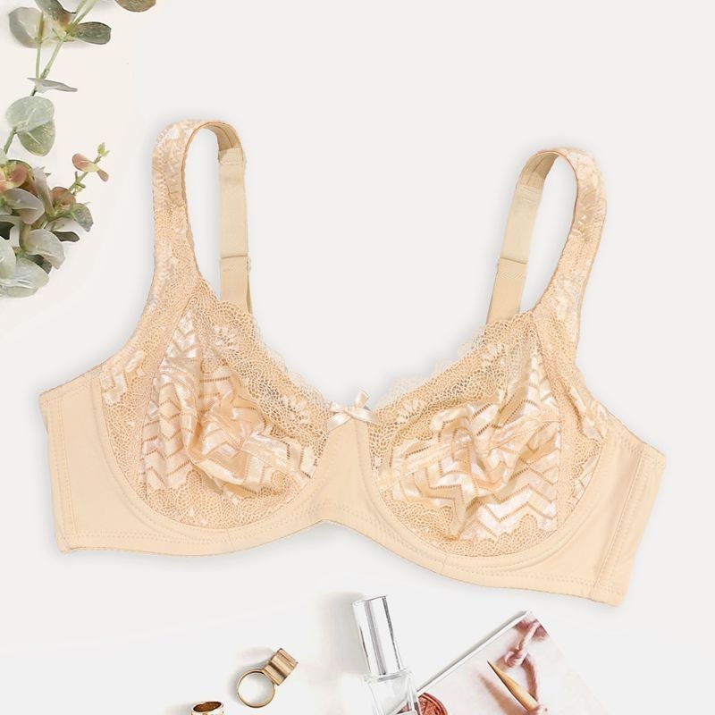 Parifairy บาง Unlined Bra Plus ขนาดชุดชั้นใน Wave Stripe ลูกไม้ Bra สําหรับผู้หญิง 38C 40C 42C 44C 4