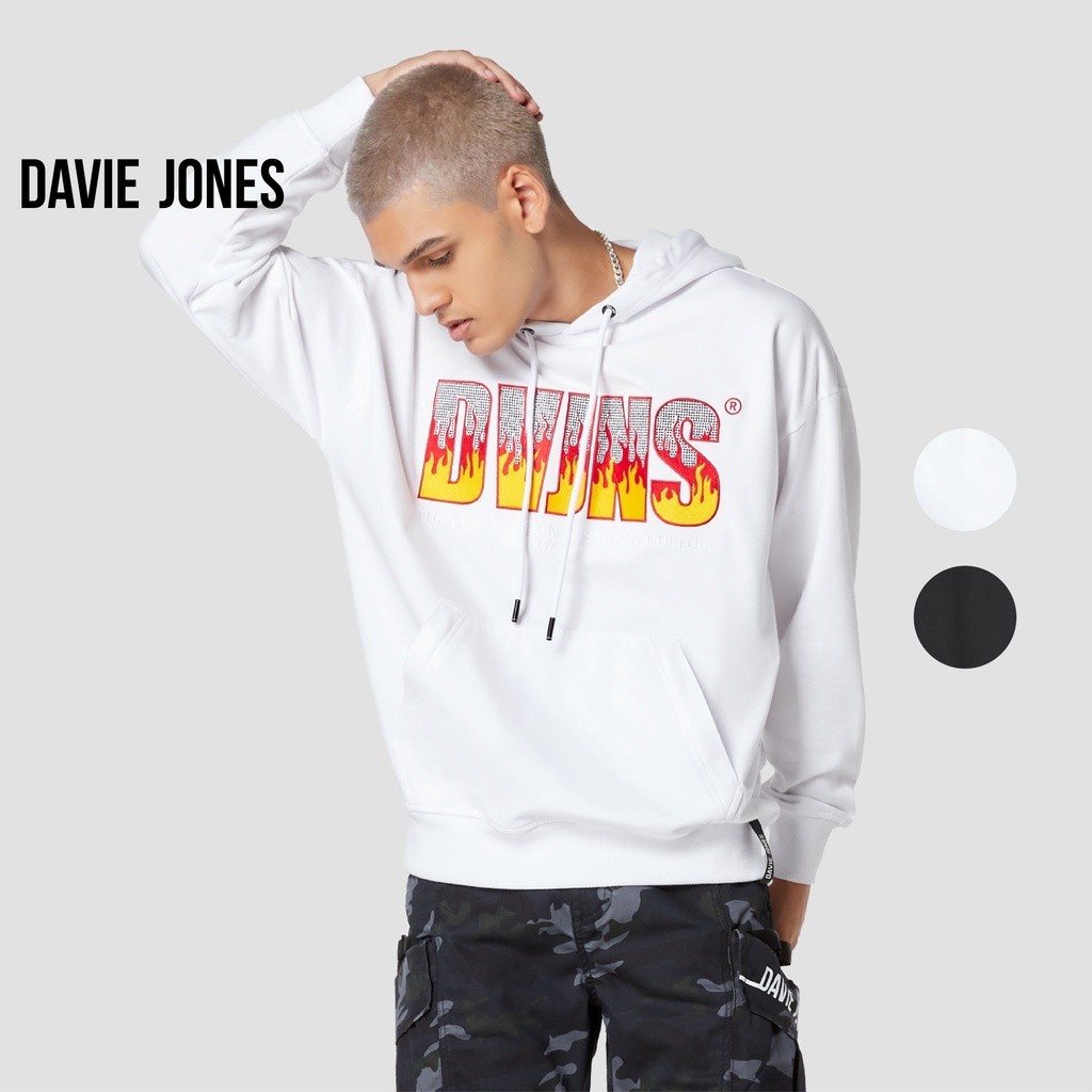 【HOT】😍 DAVIE JONES เสื้อฮู้ด Logo Pullover Oversize Fit Hoodie PU0014 สีขาว