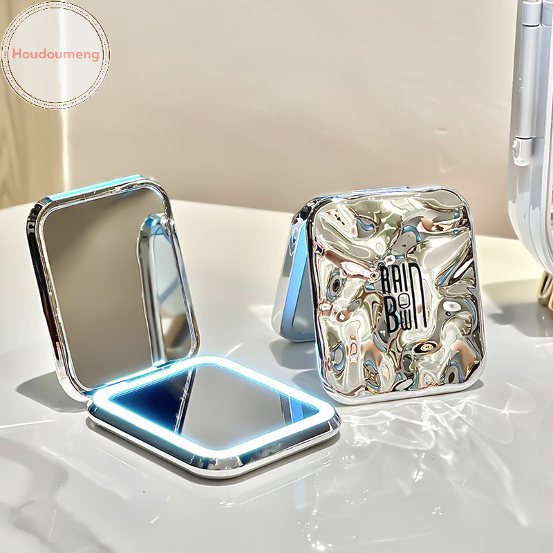 Houdoumeng พับ Make Up กระจกขนาดเล็กพร้อมไฟ LED 2X แว่นขยายขนาดเล็กแบบพกพากระจกเครื่องสําอางพร้อมสายเคเบิล Type-CRecharge TH