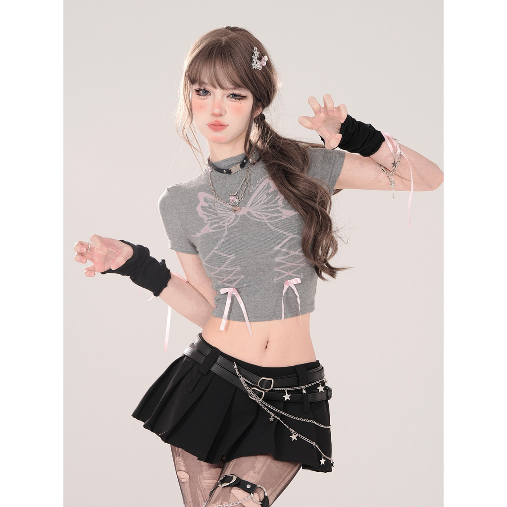 cherryshop🍒พร้อมส่ง เสื้อครอป เสื้อยืดรัดรูป ผ้ายืดนุ่มสวย แขนสั้นคอกลม โบว์สามมิติสไตล์สาวฮอต สดใสน่ารัก เซ็กซี่