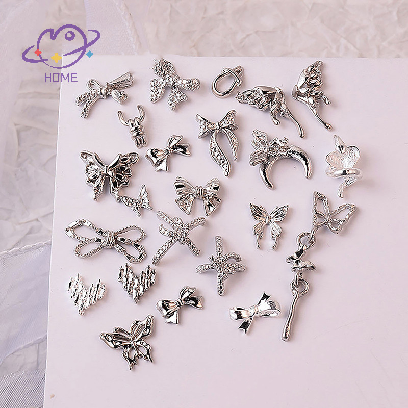 [mayhome] 10 ชิ้นเล็บมินิผีเสื้อเล็บ Charm 3D เงิน Bowknot ริบบิ้นฝัง Rhinestone ตกแต่งเล็บ {TH}