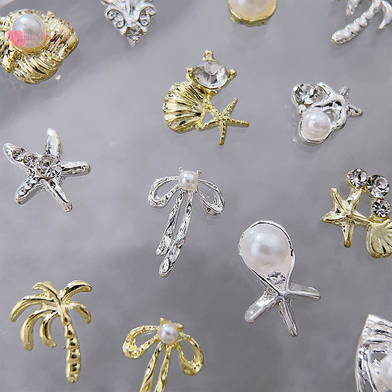 Renbg 10 ชิ้น 3D Silver Gold Pearl Shell เครื่องประดับเล็บแฟชั่นผู้หญิงเล็บ Ch Bowknot เล็บ Rhinestones ตกแต่งเล็บ TH