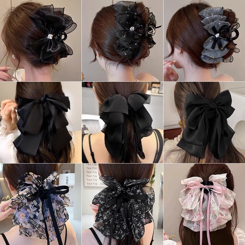 สีดําขนาดใหญ่เมฆโบว์กิ๊บสุภาพสตรีแฟชั่นผ้ากอซคลิปฟอง