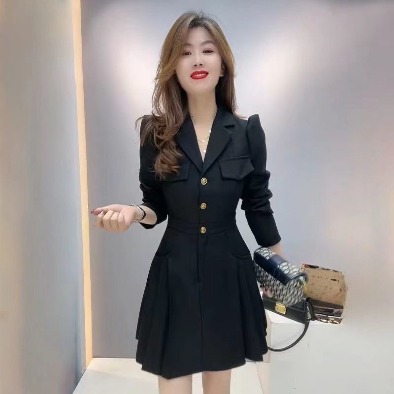 ชุด ผู้หญิงขนาดใหญ่อารมณ์ฤดูใบไม้ร่วงใหม่สูทปกบางและจีบ dress