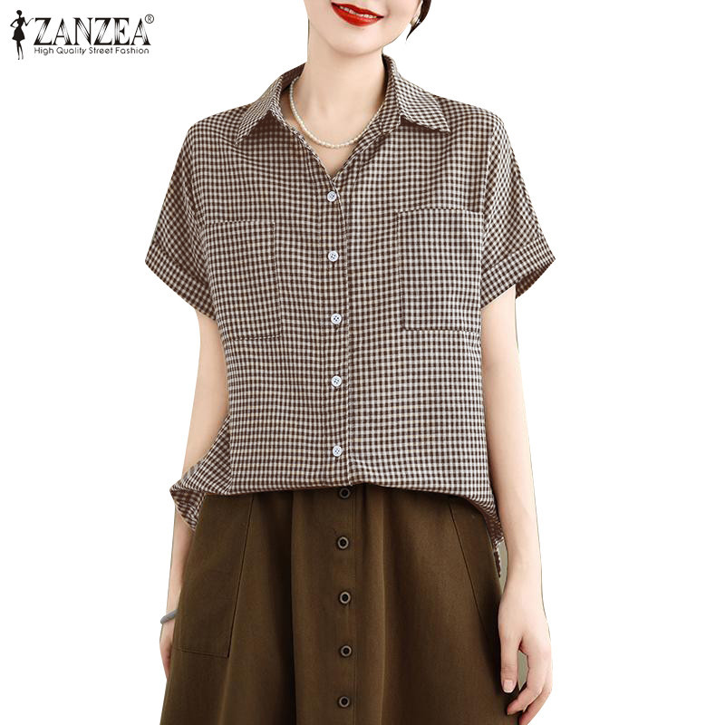 Zanzea ผู้หญิงเกาหลีหรูหราหลวมอารมณ์กระเป๋าแขนสั้นเสื้อลายสก๊อต