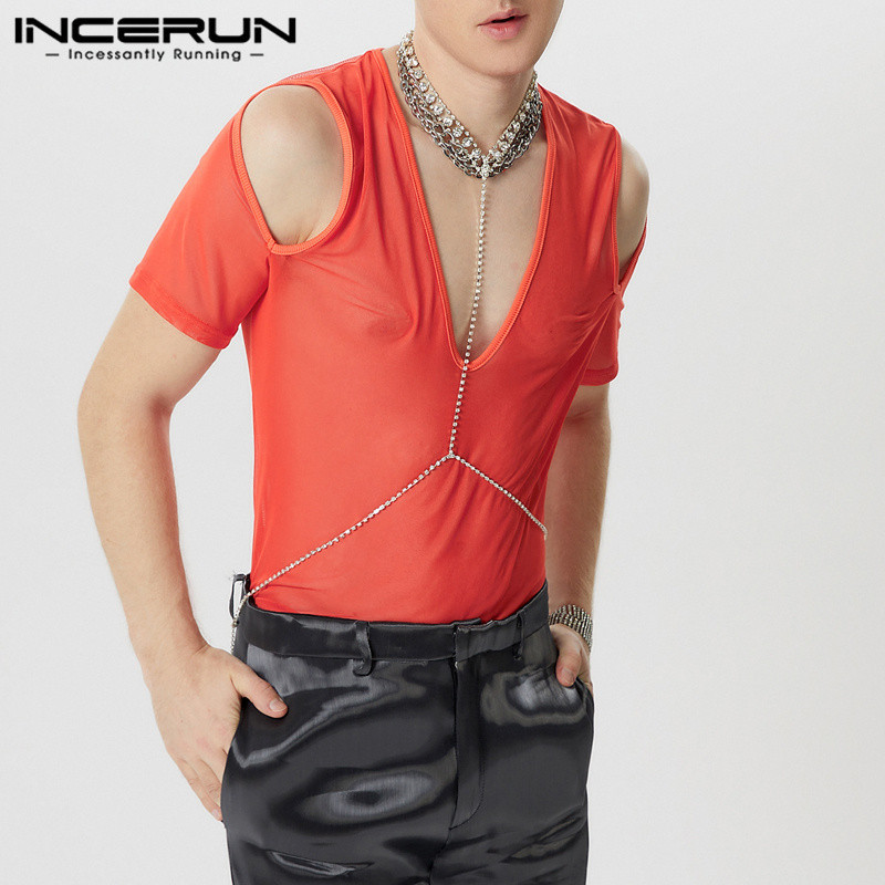 Incerun เสื้อยืดลําลอง แขนยาว คอวี ทรงหลวม แฟชั่น สําหรับผู้ชาย
