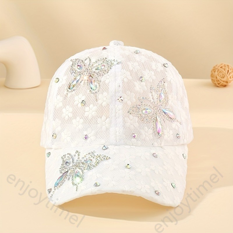 ลูกไม้ rhinestone ผีเสื้อหมวกเบสบอลที่สง่างามตาข่ายระบายอากาศสีขาวกีฬาหมวกปรับผู้หญิงหมวก trucker