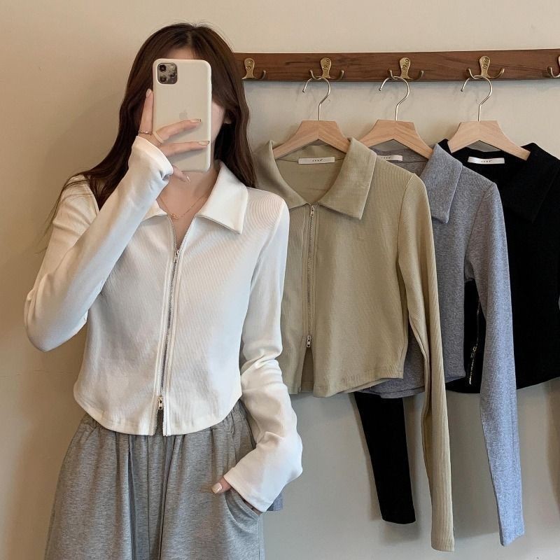 Coco~เสื้อยืด แขนยาว สีทึบ ซิป แฟชั่นเวอร์ชั่นเกาหลี