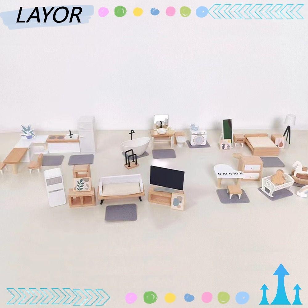 Lay Dollhouse ชุดตกแต่งเฟอร์นิเจอร์ขนาดเล็ก, DIY Abundant ห้องรับประทานอาหารโมเดลห้องนอน, ห้องครัวไม้และห้องเด็ก