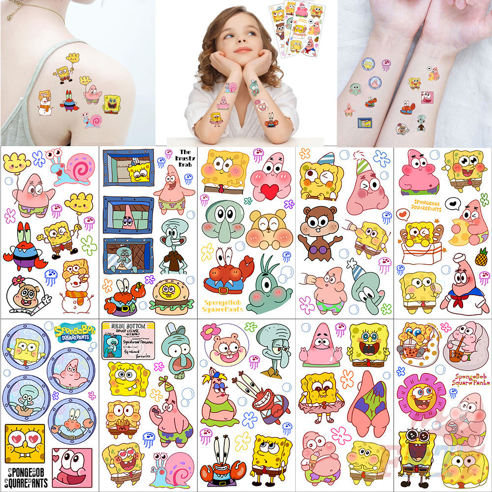10แผ่น/ชุด ❤ สติ๊กเกอร์รอยสักชั่วคราวการ์ตูน Q SpongeBob SquarePants ❤ รอยสักกันน้ําสําหรับแขนเซ็กซี่กระดูกไหปลาร้าร่างกายศิลปะมือเท้า