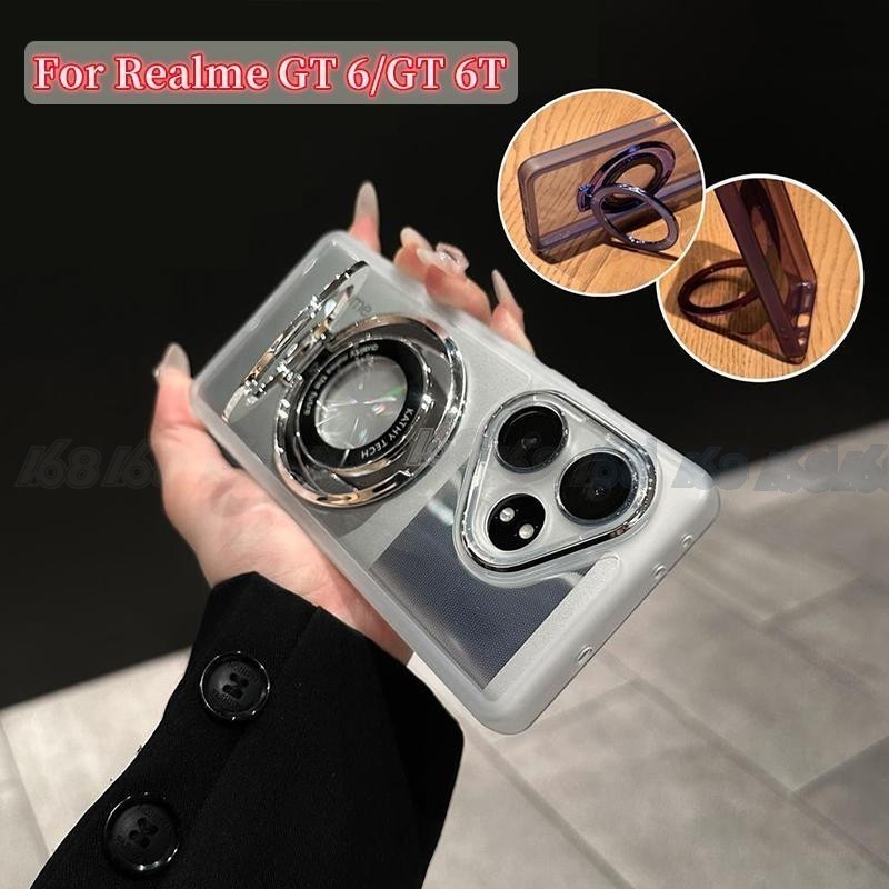 เคส Realme GT 6 6T 5G เคสซอฟต์ใสเยลลี่กันกระแทกเคสโทรศัพท์พร้อมฟิล์มกล้องเลนส์กันชนโปร่งใสดูดซับแรงกระแทกตัวยึดแม่เหล็กขาตั้ง