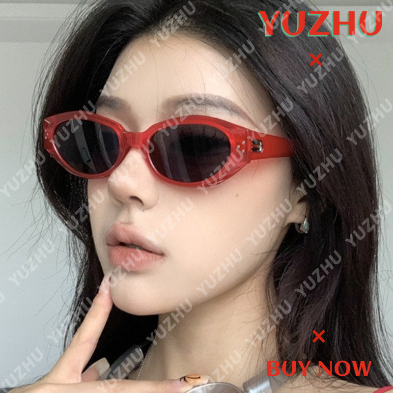 (YUZHU) แว่นกันแดดทรงแคทอายย้อนยุคสําหรับผู้หญิงกรอบสีแดงแว่นกันแดดป้องกันรังสียูวีสีสันสดใส