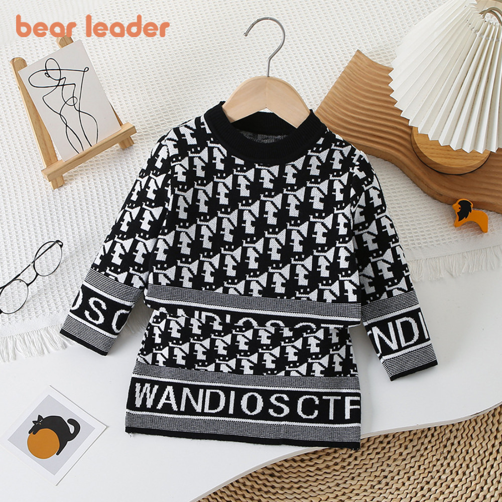 หมีผู้นําเสื้อกันหนาวฤดูหนาวชุดแขนยาวรอบคอจดหมายพิมพ์ถักด้านบน + กระโปรง2ชิ้นชุดการพิมพ์เรขาคณิตสาวเสื้อผ้า