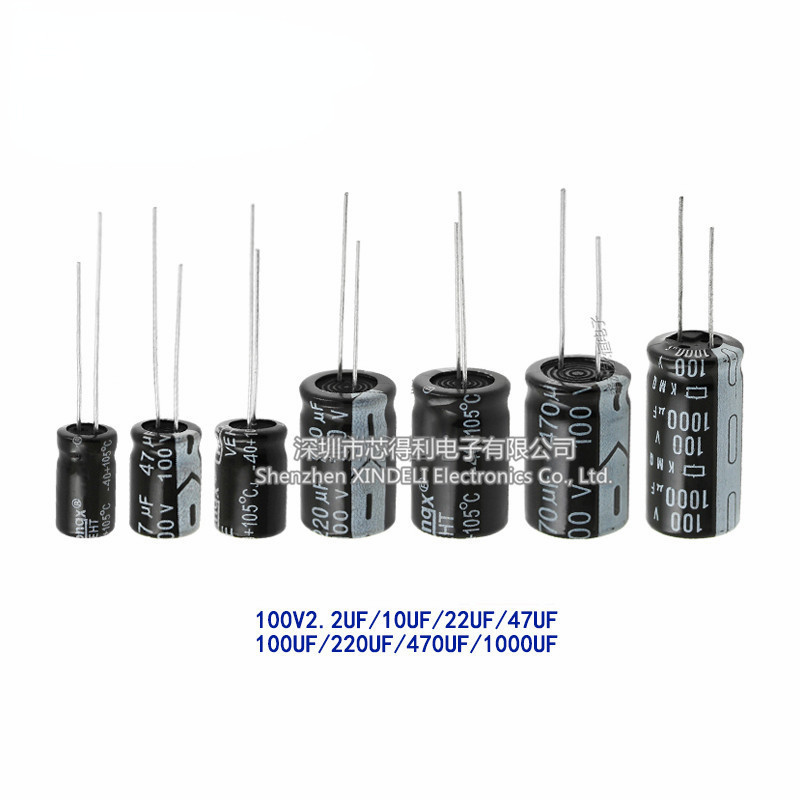 In-line อลูมิเนียม Electrolytic Capacitor 100V 2.2UF/4.7UF/10UF/22UF/68/100UF/220UF/470UF/1000UF Micro วิธีอลูมิเนียม Electrolytic Capacitor Plugin