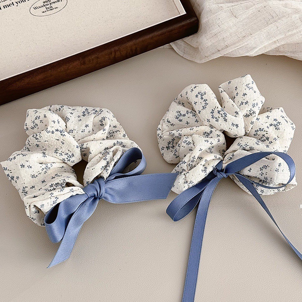 2024 Blue Floral Fat Scrunchy เชือกผมหญิงผูกผม