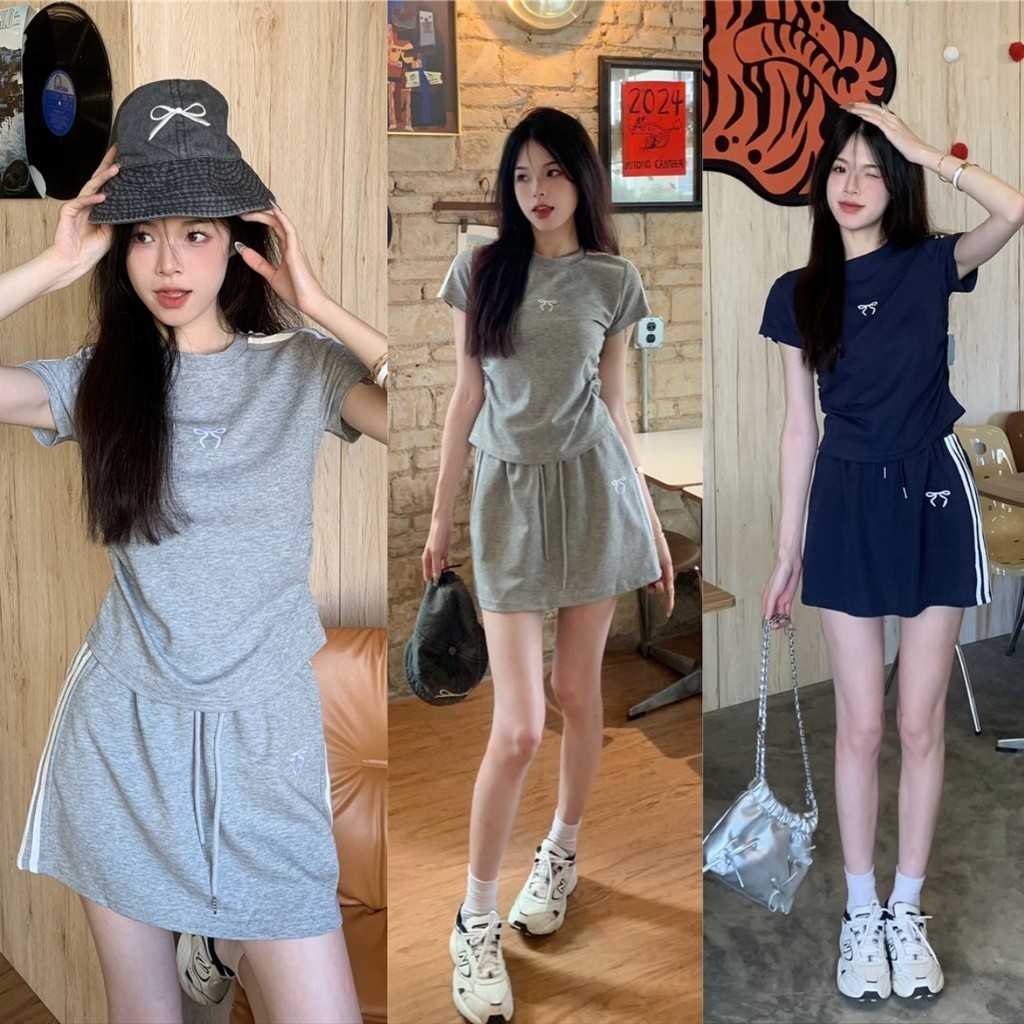 Luna Shop กระโปรงแขนสั้นลายทางแฟชั่นสไตล์เกาหลีสไตล์ สไตล์วิทยาลัย